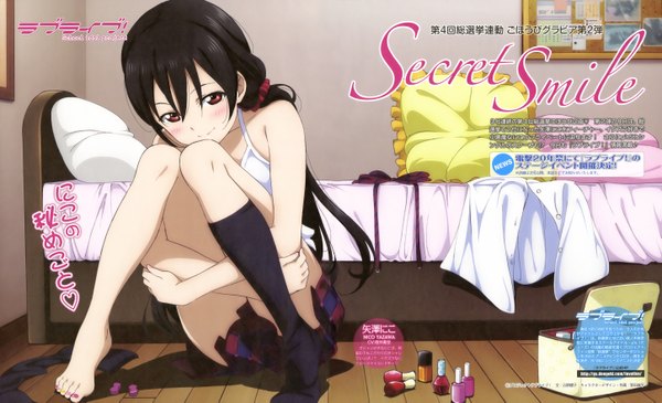Anime picture 5788x3529 with love live! school idol project sunrise (studio) love live! yazawa nico murota yuuhei single blush highres light erotic black hair red eyes wide image sitting bare shoulders absurdres full body nail polish barefoot scan official art