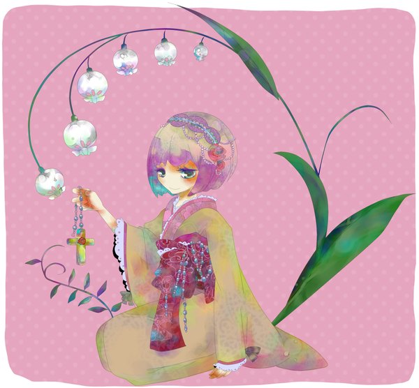 Anime picture 2150x1994 with ao no exorcist a-1 pictures moriyama shiemi pixiv292011 highres short hair smile sitting green eyes japanese clothes pink background framed minigirl girl flower (flowers) plant (plants) kimono cross