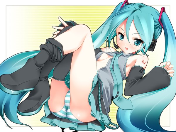 Anime picture 1280x960 with vocaloid hatsune miku fugetsu taku single looking at viewer open mouth light erotic twintails very long hair aqua eyes aqua hair girl underwear panties detached sleeves boots headphones thigh boots striped panties