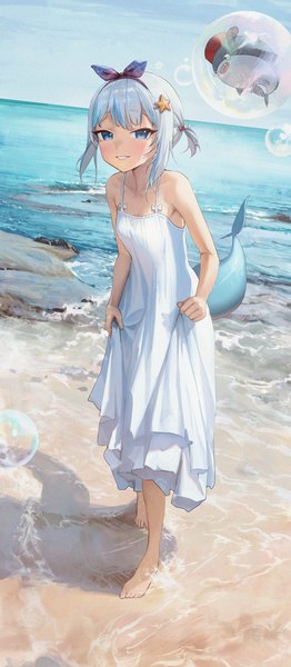 Anime picture 2067x4734 with virtual youtuber hololive hololive english gawr gura bloop (gawr gura) bingwei huang single tall image looking at viewer blush highres short hair blue eyes smile standing bare shoulders blue hair sky full body outdoors