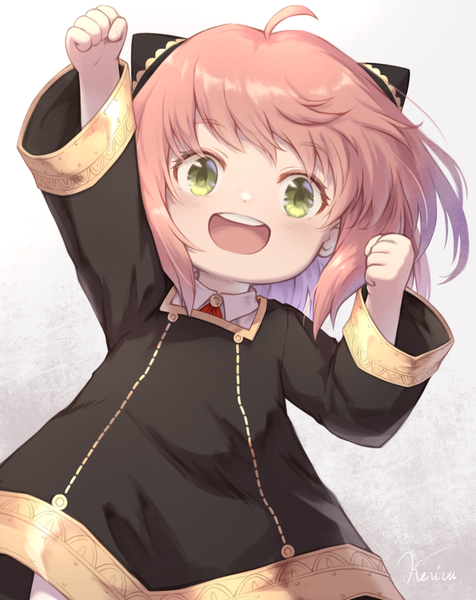 Anime picture 1127x1421 with spy x family anya (spy x family) khell single tall image looking at viewer short hair open mouth green eyes signed pink hair ahoge :d arms up teeth girl uniform school uniform child (children) fist