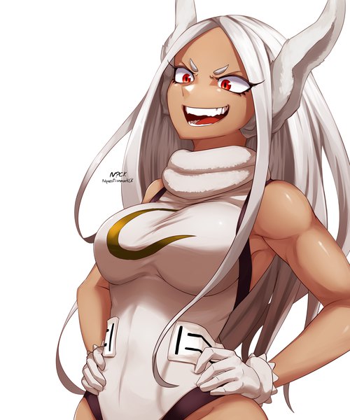 Anime picture 2000x2400 with boku no hero academia studio bones mirko nickniceth single long hair tall image highres breasts open mouth simple background red eyes large breasts standing white background bare shoulders signed animal ears looking away white hair