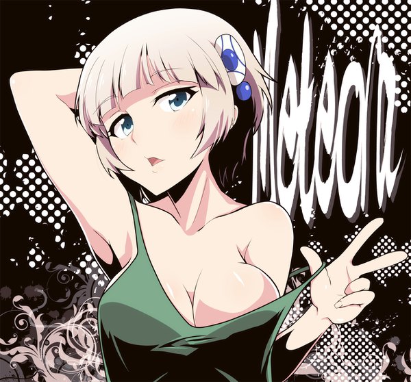 Anime picture 1290x1200 with re:creators meteora osterreich drpow (artist) single looking at viewer blush fringe short hair breasts open mouth blue eyes light erotic large breasts bare shoulders payot cleavage upper body white hair blunt bangs head tilt