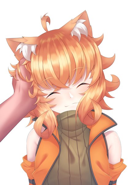 Anime picture 1692x2393 with original million (kzy090) kzy090 long hair tall image fringe simple background smile white background bare shoulders animal ears ahoge eyes closed cat ears orange hair solo focus ^ ^ pov headpat girl
