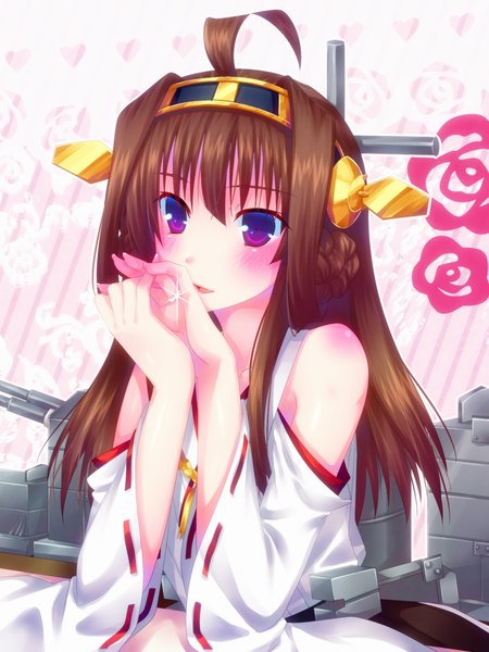 Anime picture 750x1000 with kantai collection kongou battleship door to heaven single long hair tall image blush open mouth brown hair purple eyes bare shoulders ahoge nontraditional miko girl hair ornament detached sleeves ring