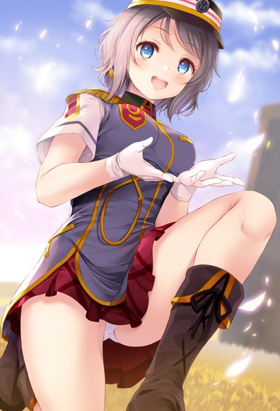 Anime picture 767x1125 with love live! sunshine!! sunrise (studio) love live! watanabe you komone ushio single tall image looking at viewer blush fringe short hair breasts open mouth blue eyes light erotic smile standing sky cloud (clouds) bent knee (knees)