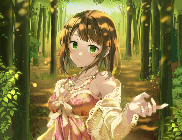 Anime picture 900x696 with idolmaster idolmaster cinderella girls maekawa miku pinb single looking at viewer blush fringe short hair brown hair bare shoulders green eyes cleavage upper body outdoors light smile off shoulder sparkle floral print outstretched hand