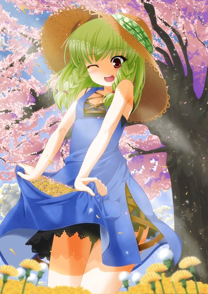 Anime picture 2149x3035 with original eiyuu (eiyuu04) single long hair tall image highres open mouth red eyes one eye closed green hair wink cherry blossoms girl dress flower (flowers) plant (plants) hat petals tree (trees) sundress