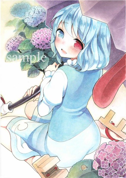 Anime picture 851x1200 with touhou tatara kogasa mugicha0929 single tall image looking at viewer blush short hair open mouth smile sitting blue hair from above heterochromia watermark traditional media sample watermark girl dress flower (flowers)