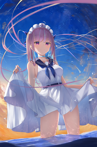 Anime picture 4623x7000 with virtual youtuber hololive minato aqua moubokobokodayo single long hair tall image fringe highres standing purple eyes absurdres sky purple hair ahoge outdoors blunt bangs multicolored hair wind streaked hair