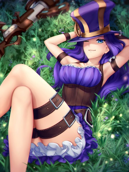 Anime picture 750x1000 with league of legends caitlyn (league of legends) gigamessy single long hair tall image looking at viewer blush breasts blue eyes light erotic smile large breasts signed purple hair outdoors lying one eye closed wink arms up