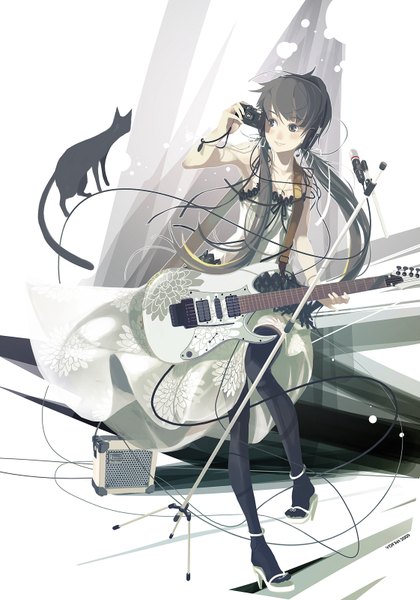 Anime picture 1121x1600 with original vofan single long hair tall image black hair smile twintails grey eyes girl thighhighs dress ribbon (ribbons) headphones cat microphone wire (wires) guitar camera