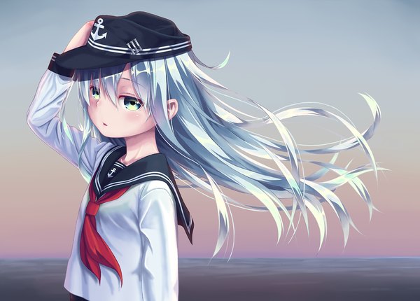 Anime picture 1600x1147 with kantai collection hibiki destroyer hane yoshiyumi single long hair looking at viewer blush open mouth blue eyes blue hair sky girl sea sailor suit flat cap anchor symbol