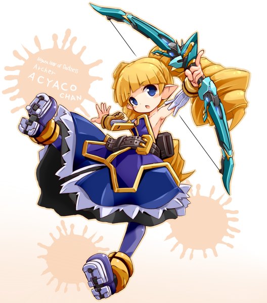 Anime picture 1100x1249 with disgaea archer (disgaea) karukan (monjya) single long hair tall image looking at viewer blush open mouth blue eyes blonde hair twintails pointy ears drill hair girl dress weapon bow (weapon)