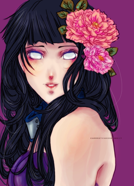 Anime picture 2100x2905 with naruto studio pierrot naruto (series) hyuuga hinata single long hair tall image looking at viewer blush highres black hair smile bare shoulders lips inscription makeup white eyes no pupils girl flower (flowers)