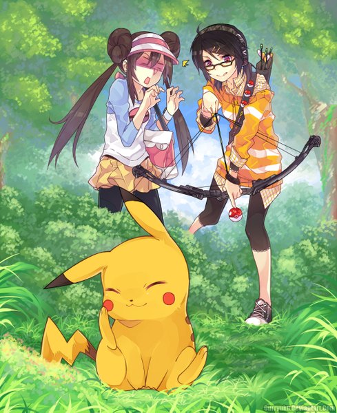 Anime picture 1034x1267 with pokemon nintendo pikachu rosa (pokemon) curryuku long hair tall image open mouth black hair smile brown hair standing sitting twintails multiple girls looking away eyes closed pink eyes hair bun (hair buns) :p