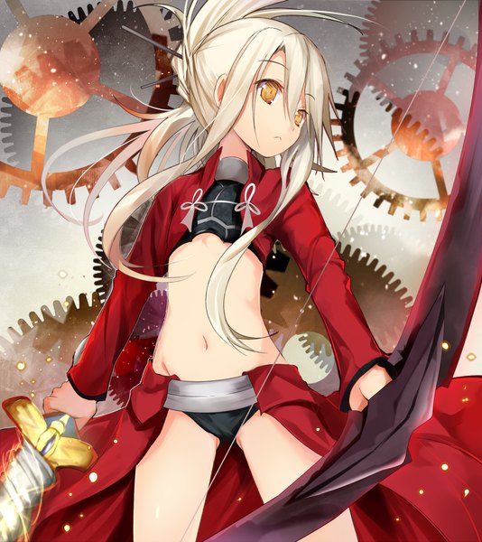 Anime picture 891x1000 with fate (series) fate/kaleid liner prisma illya type-moon illyasviel von einzbern efe single long hair tall image yellow eyes looking away white hair girl navel weapon sword gears