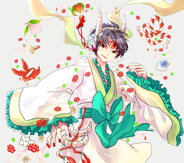 Anime picture 1095x975 with hoozuki no reitetsu wit studio hakutaku (hoozuki no reitetsu) gomaichi single looking at viewer short hair black hair red eyes nail polish traditional clothes hair flower horn (horns) grey background chinese clothes red nail polish forehead mark drawing boy flower (flowers)