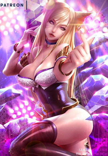 Anime-Bild 1000x1444 mit league of legends k/da (league of legends) ahri (league of legends) k/da ahri bearwitch single long hair tall image looking at viewer fringe breasts light erotic blonde hair hair between eyes large breasts signed animal ears yellow eyes payot cleavage