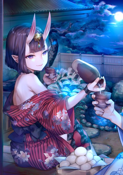 Anime picture 800x1132 with fate (series) fate/grand order shuten douji (fate) kaguyuzu single tall image fringe short hair smile sitting purple eyes bare shoulders holding looking away purple hair cloud (clouds) outdoors blunt bangs traditional clothes japanese clothes