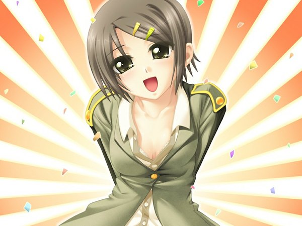 Anime picture 1024x768 with minna daisuki kozukuri banchou manami natsumi short hair open mouth brown hair green eyes game cg girl