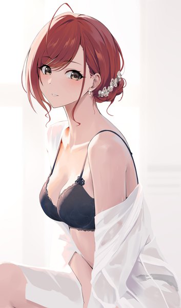 Anime picture 2480x4210 with idolmaster idolmaster shiny colors arisugawa natsuha gin00 single tall image looking at viewer blush fringe highres short hair light erotic simple background hair between eyes white background sitting brown eyes payot ahoge red hair