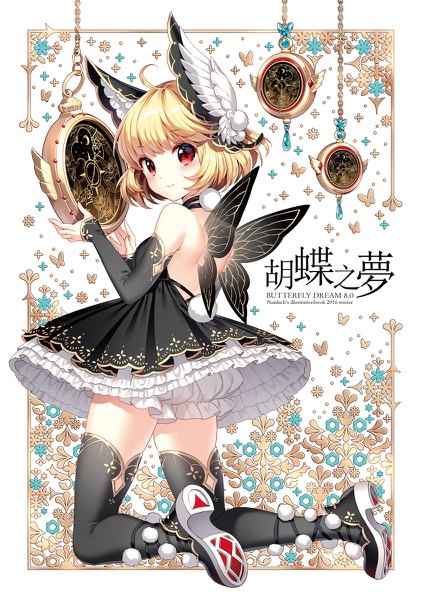 Anime picture 848x1200 with original nardack single tall image blush short hair blonde hair red eyes looking away head wings insect wings butterfly wings girl thighhighs dress black thighhighs detached sleeves wings frills black dress