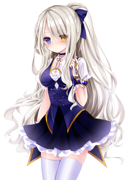 Anime picture 600x853 with original nanase nao single long hair tall image looking at viewer blush fringe blue eyes simple background standing white background yellow eyes ponytail grey hair hair over one eye short sleeves heterochromia girl thighhighs