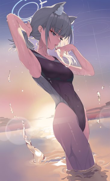 Anime-Bild 1500x2460 mit blue archive shiroko (blue archive) shiroko (swimsuit) (blue archive) serie niai single long hair tall image breasts blue eyes light erotic standing holding animal ears payot looking away sky cloud (clouds) outdoors arm up fingernails