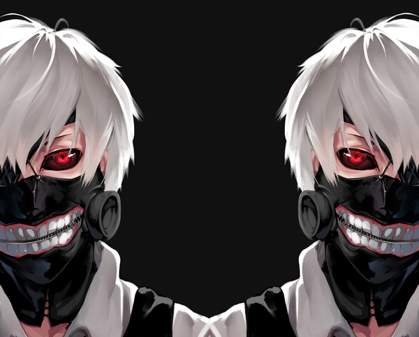 Anime picture 4000x3224 with tokyo ghoul studio pierrot kaneki ken tagme (artist) looking at viewer highres short hair blonde hair red eyes absurdres white hair teeth reflection dark background black sclera boy uniform shirt mask eyepatch