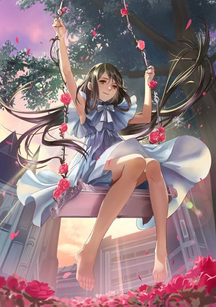 Anime picture 600x849 with original ojyou single long hair tall image black hair sitting brown eyes girl dress flower (flowers) plant (plants) petals tree (trees) rose (roses) swing