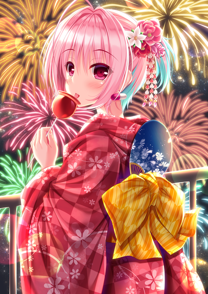 Anime picture 3223x4552 with idolmaster idolmaster cinderella girls yumemi riamu yunagi amane single tall image looking at viewer blush fringe highres short hair hair between eyes holding pink hair absurdres upper body ahoge outdoors traditional clothes japanese clothes