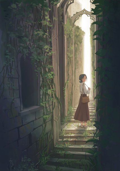 Anime picture 2480x3508 with original mitsuki (yu hsiang yi) single tall image looking at viewer highres short hair standing looking back aqua eyes green hair low ponytail scenic brick wall alley overgrown girl skirt plant (plants) bag