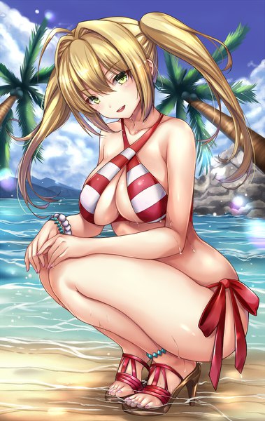 Anime picture 758x1200 with fate (series) fate/grand order nero claudius (fate) (all) nero claudius (swimsuit caster) (fate) taka-kun single long hair tall image looking at viewer blush fringe breasts open mouth light erotic blonde hair hair between eyes large breasts twintails bare shoulders green eyes