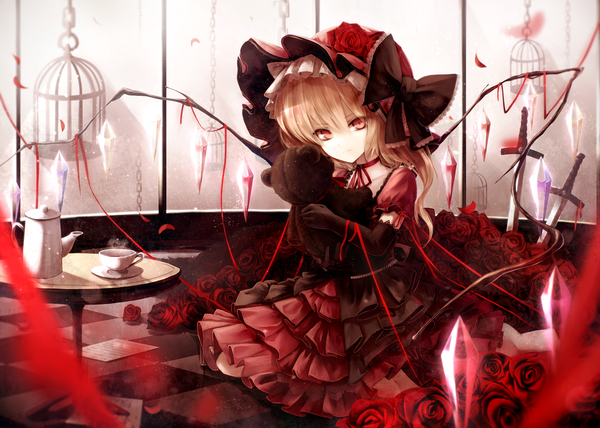 Anime picture 1305x933 with touhou flandre scarlet fami (yellow skies) single looking at viewer short hair blonde hair red eyes loli lolita fashion girl dress gloves flower (flowers) bow weapon sword wings black gloves elbow gloves