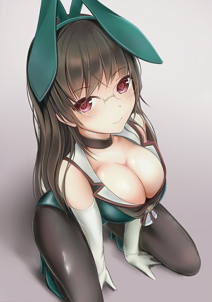 Anime picture 703x1000 with kantai collection choukai heavy cruiser nannacy7 single long hair tall image looking at viewer blush breasts light erotic black hair simple background large breasts animal ears cleavage pink eyes from above grey background bunny ears kneeling