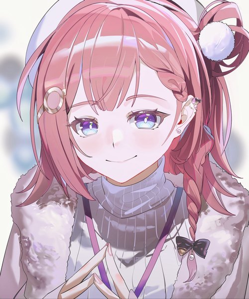 Anime picture 2512x3016 with honkai: star rail honkai (series) asta (honkai: star rail) eamut1 single long hair tall image looking at viewer highres blue eyes smile pink hair upper body piercing ear piercing multicolored eyes fingers together girl beret turtleneck