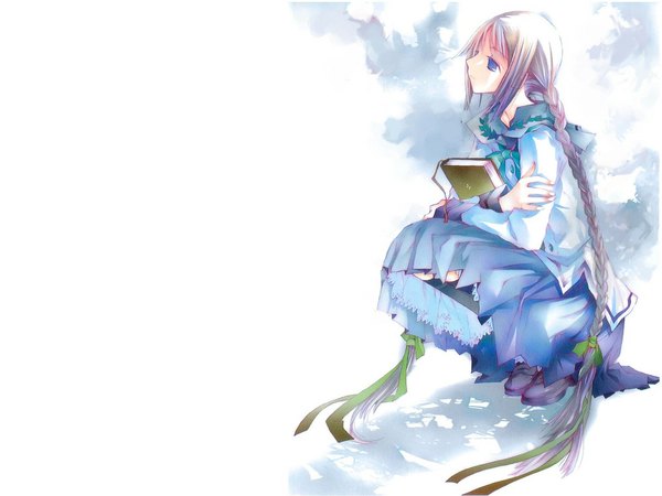 Anime picture 1024x768 with bungaku shoujo amano tooko amano toko takeoka miho single blue eyes brown hair white background braid (braids) very long hair profile wallpaper twin braids crossed arms squat girl socks book (books) black socks