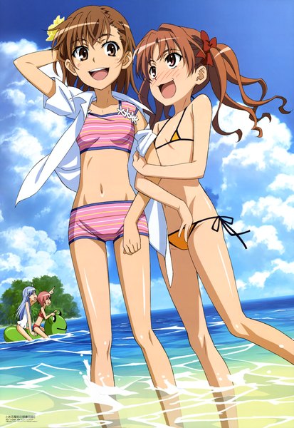 Anime picture 6059x8795 with to aru kagaku no railgun to aru majutsu no index j.c. staff megami magazine misaka mikoto shirai kuroko index gekota tsukuyomi komoe tall image blush highres open mouth light erotic brown hair twintails multiple girls brown eyes absurdres sky