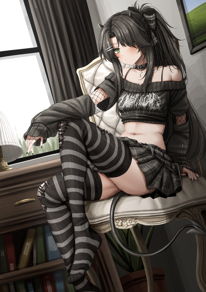 Anime picture 2480x3508 with original lobsteranian single long hair tall image looking at viewer blush fringe highres light erotic black hair sitting green eyes payot ponytail indoors tail long sleeves nail polish pleated skirt