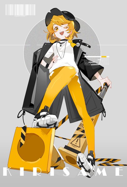 Anime picture 1284x1886 with touhou kirisame marisa aibivy single long hair tall image looking at viewer fringe open mouth blonde hair smile yellow eyes payot full body braid (braids) one eye closed grey background from below alternate costume character names