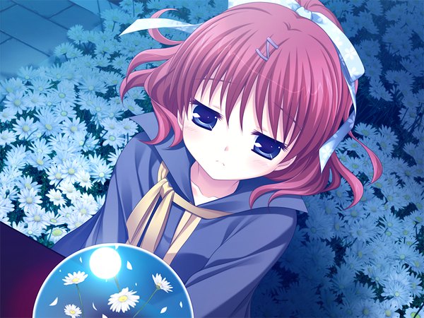 Anime picture 1024x768 with marguerite sphere ooura mio yuyi single short hair blue eyes game cg red hair from above girl flower (flowers) ribbon (ribbons) hair ribbon bobby pin daisy