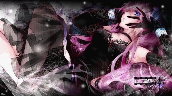 Anime picture 1500x844 with vocaloid megurine luka tyouya single long hair fringe blue eyes wide image bare shoulders pink hair lying hair over one eye armpit (armpits) girl dress gloves hat earrings elbow gloves bracelet