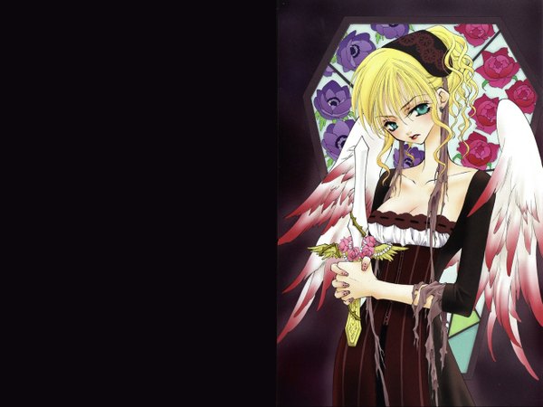 Anime picture 1333x1000 with princess ai simple background blonde hair holding green eyes aqua eyes lipstick black background wavy hair angel wings angel girl dress flower (flowers) weapon sword wings window dagger stained glass