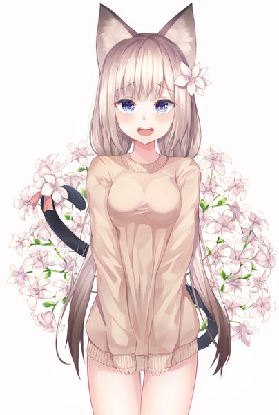 Anime picture 850x1261 with original shiro (acad1213) single long hair tall image looking at viewer blush fringe breasts open mouth blue eyes simple background white background twintails animal ears tail blunt bangs long sleeves :d animal tail