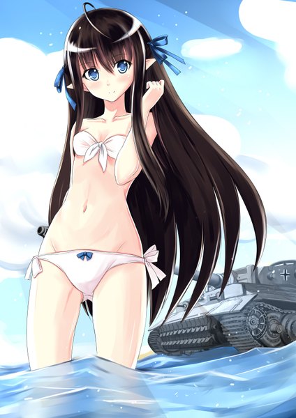 Anime picture 2480x3508 with original allenes single long hair tall image blush highres blue eyes light erotic black hair signed sky cloud (clouds) pointy ears girl navel weapon swimsuit bikini ground vehicle
