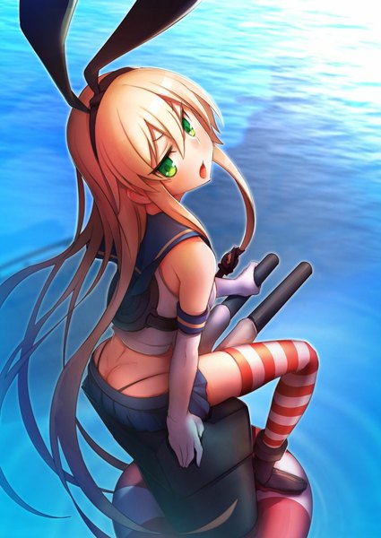Anime picture 765x1080 with kantai collection shimakaze destroyer rensouhou-chan namago single long hair tall image blush open mouth light erotic blonde hair green eyes girl thighhighs gloves bow weapon hair bow miniskirt elbow gloves