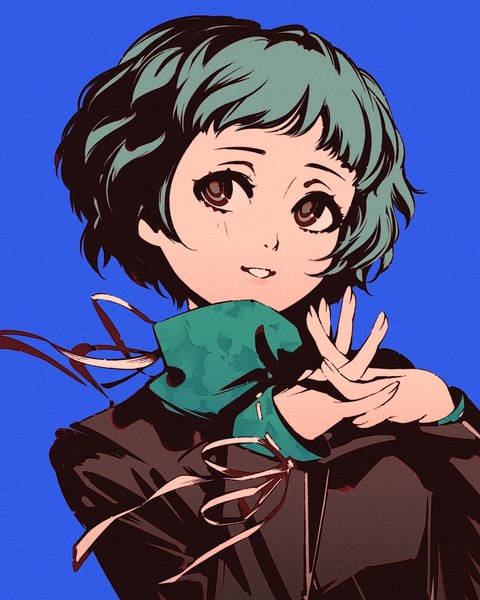 Anime-Bild 864x1080 mit persona 3 persona 3 reload persona yamagishi fuuka moshimoshibe single tall image fringe short hair simple background smile brown eyes blue hair looking away upper body blunt bangs long sleeves parted lips arms up sleeves past wrists