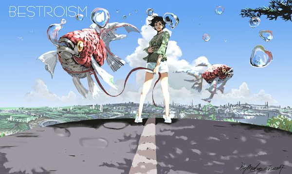 Anime picture 1024x614 with original kyan-dog (artist) short hair black hair wide image signed sky cloud (clouds) shadow city cityscape landscape girl plant (plants) tree (trees) shorts jewelry necklace bubble (bubbles) fish (fishes)