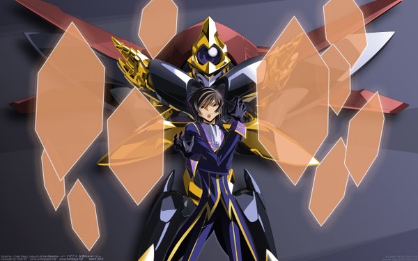 Anime picture 2560x1600 with code geass sunrise (studio) lelouch lamperouge looking at viewer highres black hair wide image standing black eyes boy gloves mecha shield